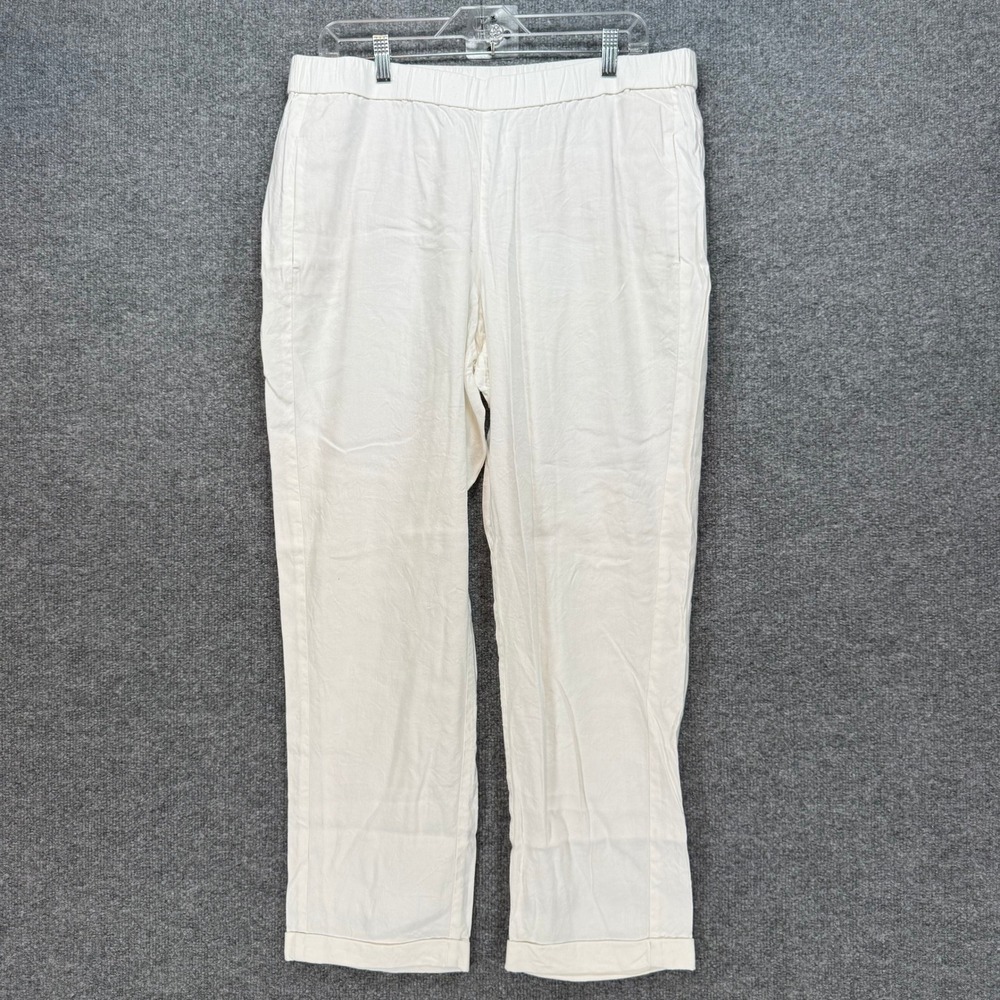 J. Jill Linen Stretch Pants Women Large White Cuffed Hem Pull On Trouser Coastal
